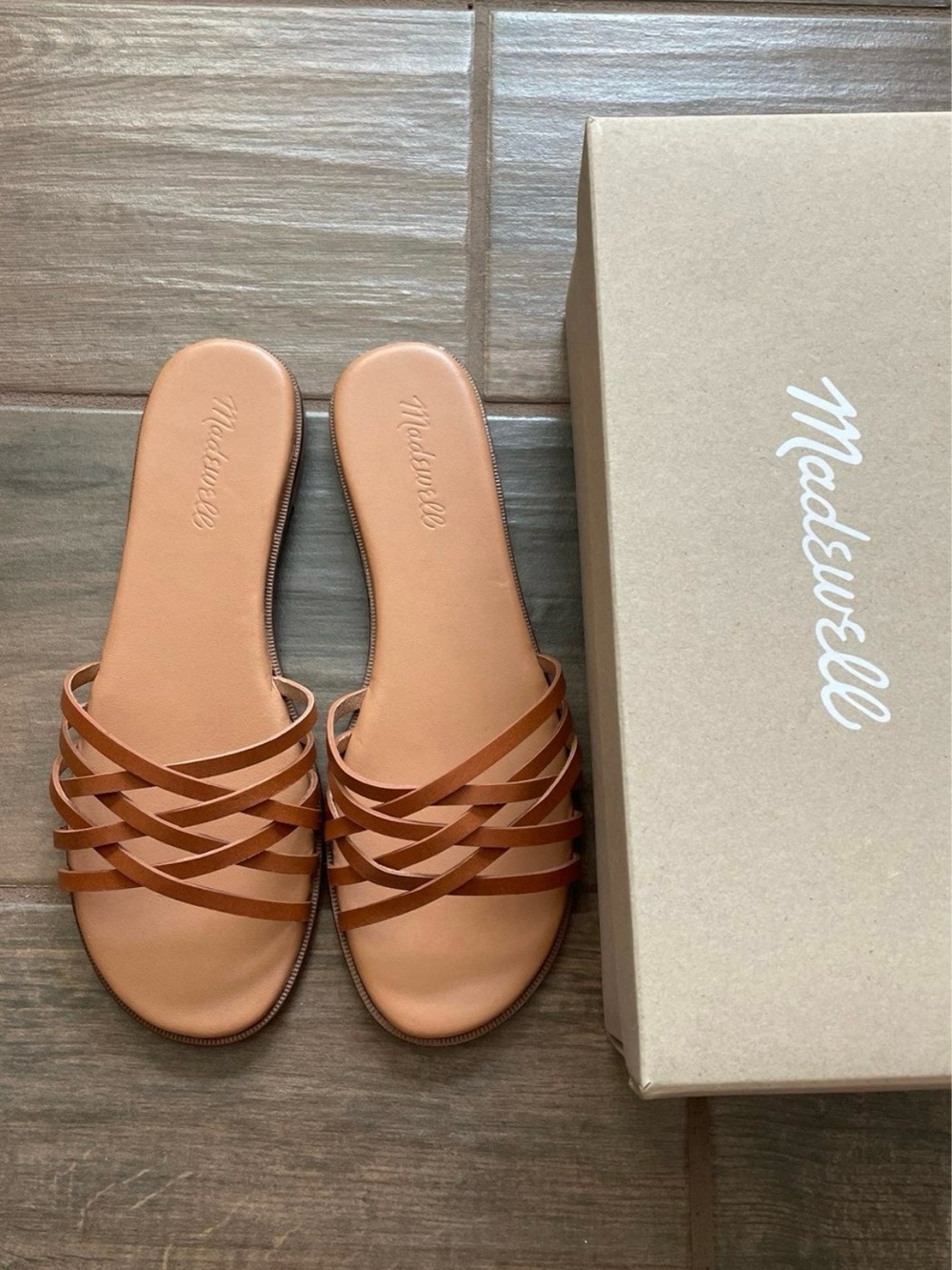 Madewell Crisscross Slide Sandals in Burnished Caramel Leather
